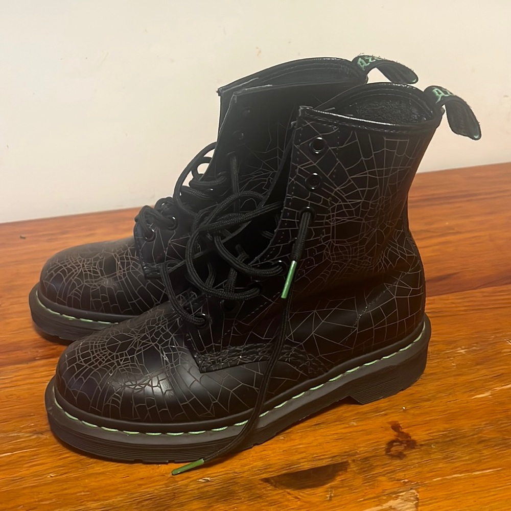 Dr. Martens Skull Combat Boots With Green Stitches